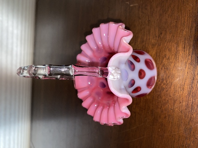 STUNNING VTG FENTON Cranberry Opalescent COIN DOT Art Glass Basket 6"H