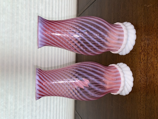 BEAUTIFUL PAIR Of VTG FENTON Cranberry Opalescent Swirl Optic Candle Lamps 11"H