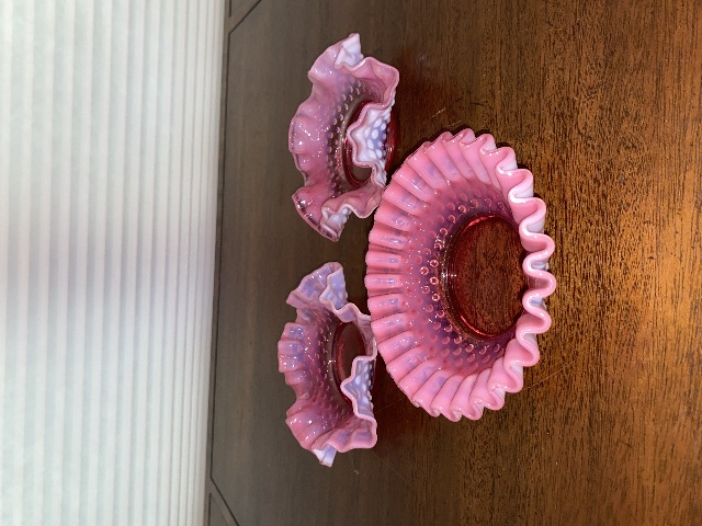 3 VTG BEAUTIFUL FENTON Small Pink Opalescent Hobnail Ruffled Rim Candy Dishes