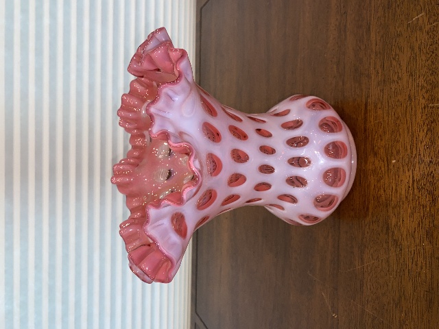 STUNNING LARGE VTG FENTON Cranberry Opalescent COIN DOT Flared Glass Vase 8.25"H