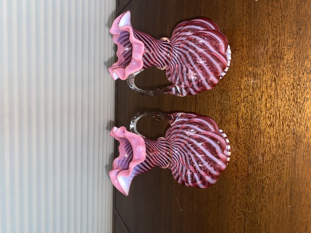 BEAUTIFUL VTG FENTON Cranberry Opalescent SWIRL OPTIC Melon Bottles 6"H PAIR