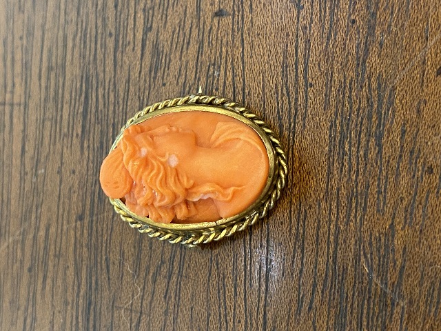 STUNNING ANTIQUE Carved Coral Cameo ART NOUVEAU Woman Brooch/Pin 1" x .75"