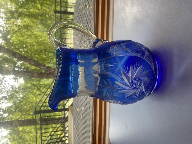 VTG Cobalt Blue Cut To Clear Pinwheel & Hobstar Art Glass Pitcher 9.25"H
