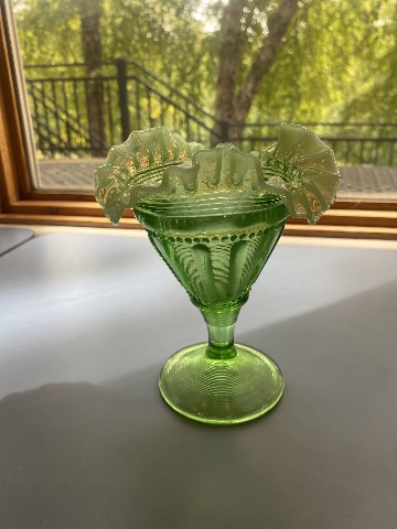 Vintage Green Opalescent Northwood Glass Footed Vase 6"H