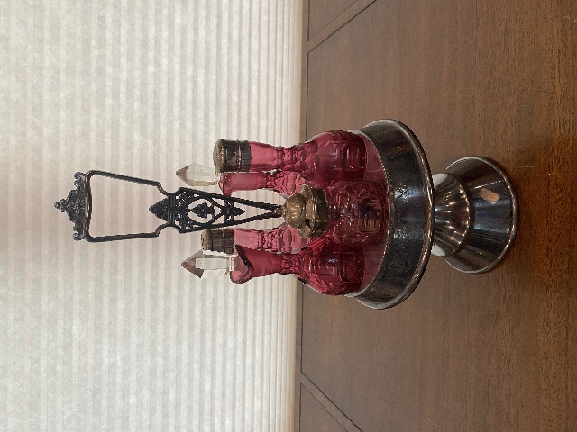 ANTIQUE Victorian Cranberry 6 Piece Silver Plate Rotating Castor Cruet SET 16"H