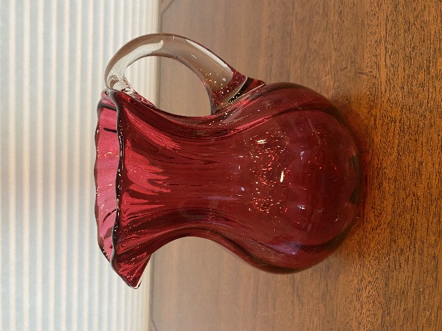BEAUTIFUL VTG Cranberry Ribbed Optic Art Glass Pitcher 6.5"H