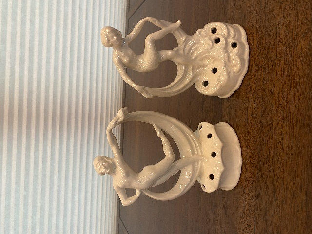 BEAUTIFUL PAIR Of White Nude Woman Dancer Ceramic Flower Frogs 6.75"H GERMANY