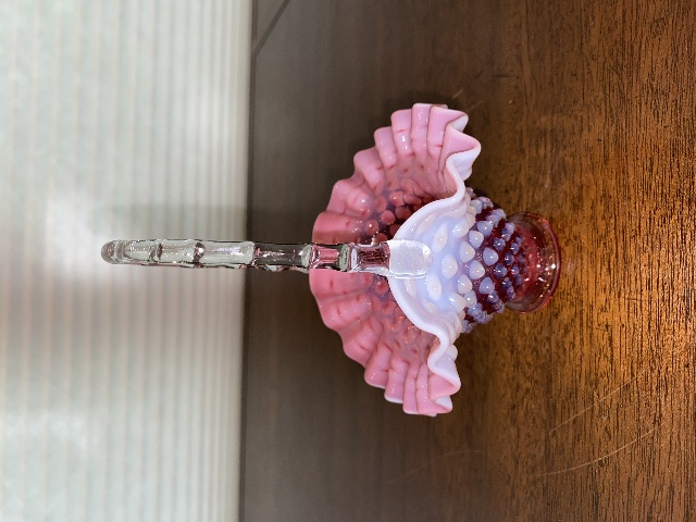 BEAUTIFUL VTG FENTON Small Cranberry Opalescent Hobnail Ruffled Rim Basket 6.5"H