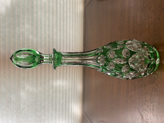 STUNNING VTG Green Cut To Clear Art Glass Decanter W/Stopper 12.25"H
