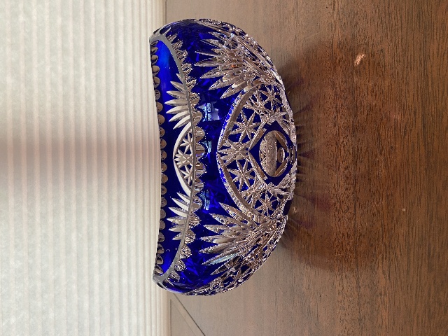 STUNNING VTG Bohemian Cobalt Blue Cut To Clear LARGE Crystal Oval Bowl 9.75"L