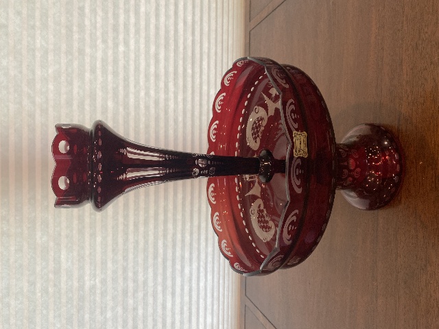 STUNNING LARGE VTG EGERMANN Red Cut To Clear Glass Epergne Vase W/LABEL 15"H