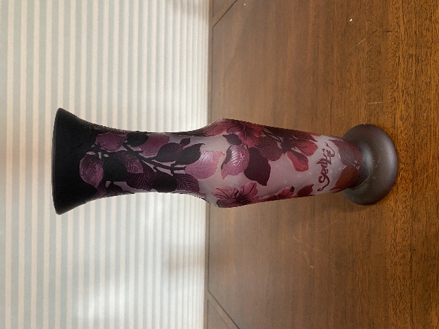 RARE ANTIQUE EMILE GALLE Purple Floral Acid Etched Cameo Glass Vase 11.75"H HTF