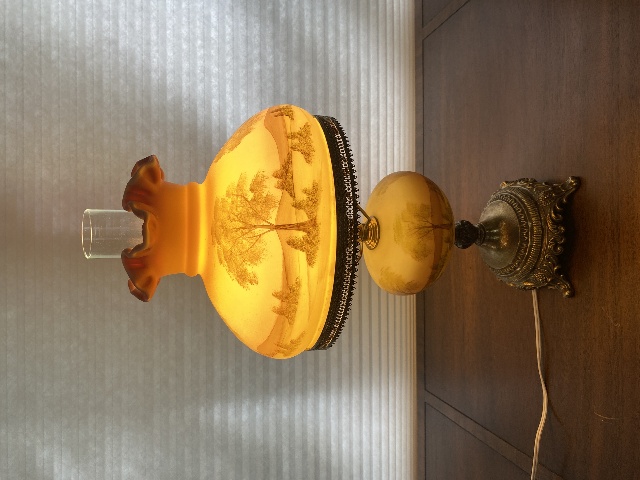 STUNNING UV REACTIVE VTG FENTON TREES & NATURE PAINTED  Glass Lamp 19.5"H SIGNED