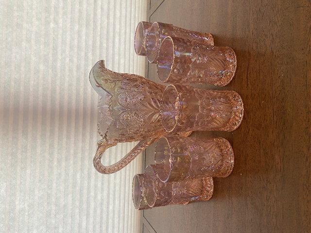 STUNNING VTG Imperial Glass Pink Iridescent TIGER LILY Pitcher, 7 Glasses SET(8)