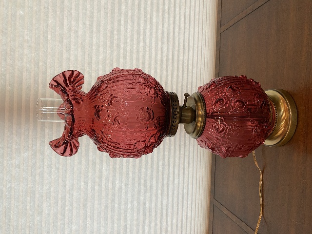 GORGEOUS VTG FENTON Cranberry CABBAGE ROSE GWTW Electric 3-Way Table Lamp 22"H