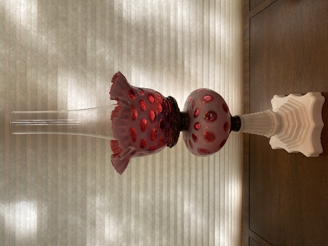 BEAUTIFUL VINTAGE FENTON Cranberry Opalescent COIN DOT Oil Lamp 17.5"H