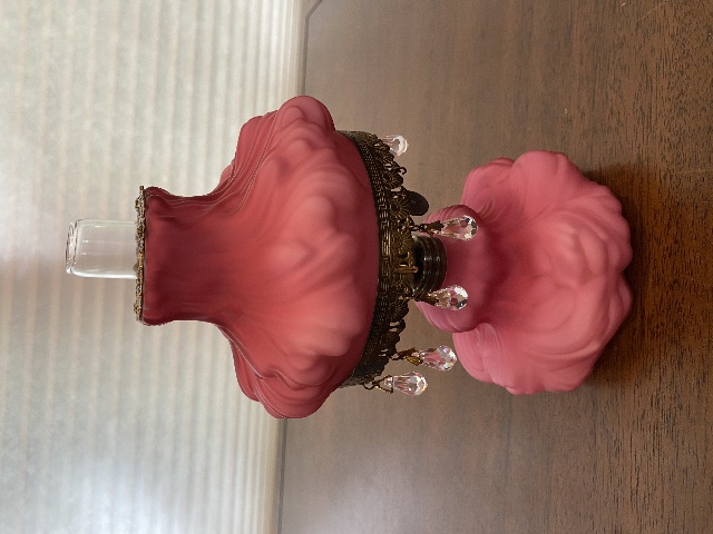 STUNNING VTG FENTON L.G. WRIGHT Mini Pink Satin Plume Oil Lamp 7.5"H