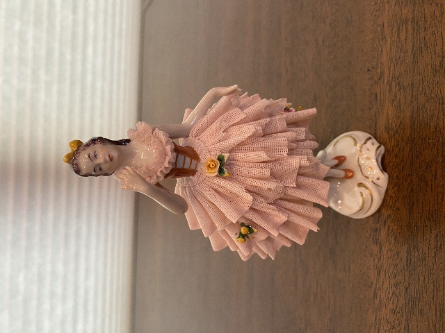 ANTIQUE DRESDEN Laced Porcelain Pink Dress Elegant Lady Figurine 6.25"H GERMANY