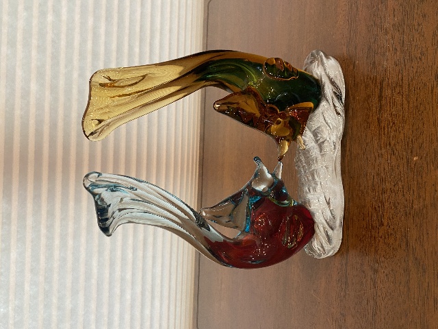 STUNNING MURANO Multicolored Two Fish On Pedestal Glass Sculpture W/LABEL 8.25"H