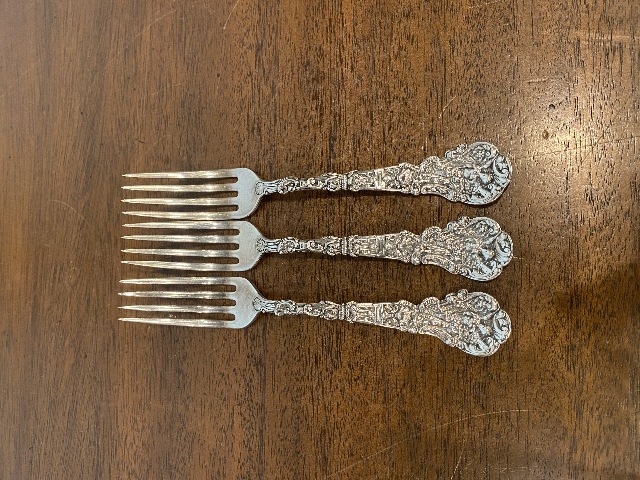 3 ANTIQUE GORHAM "VERSAILLES" STERLING SILVER COPYRIGHTED 1888 Forks 6.75"L