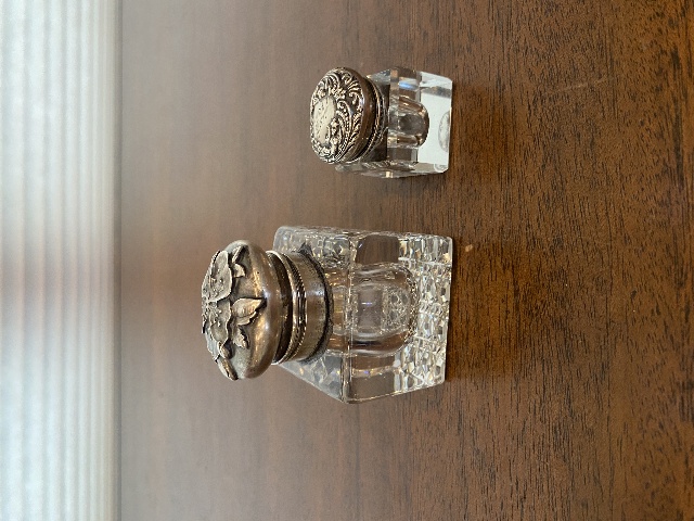 2 BEAUTIFUL VTG Glass/Crystal Square Inkwells W/Sterling Silver Lids 3"H, 1.5"H