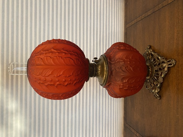 STUNNING ANTIQUE VICTORIAN Red Satin BEADED ACANTHUS GWTW Parlor Oil Lamp 23"H