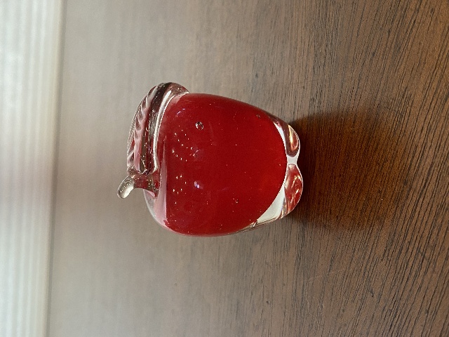 ADORABLE Small Red & Clear Art Glass Apple Paperweight SIGNED 2.25"H
