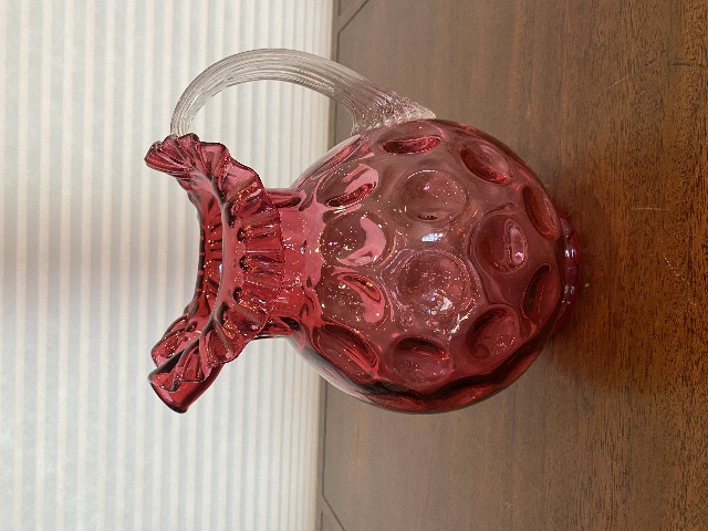 STUNNING LARGE VTG FENTON Cranberry Dot Optic Pitcher W/Clear Ribbed Handle 9.5"