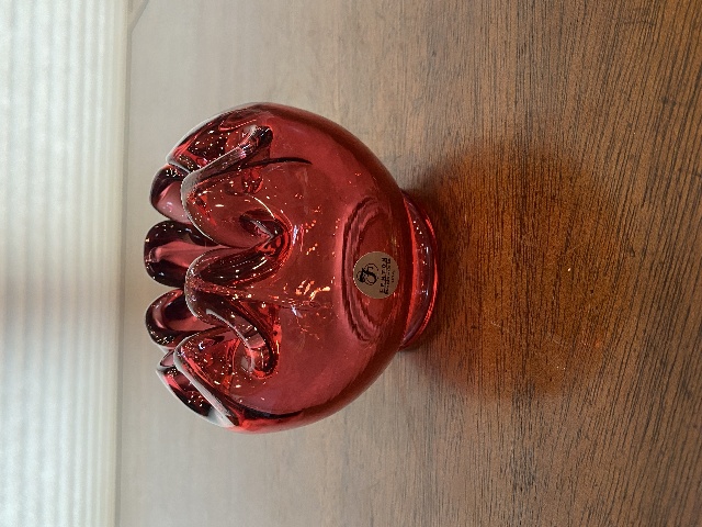 VTG FENTON Cranberry Art Glass Rose Bowl Vase W/LABEL 3.25"H