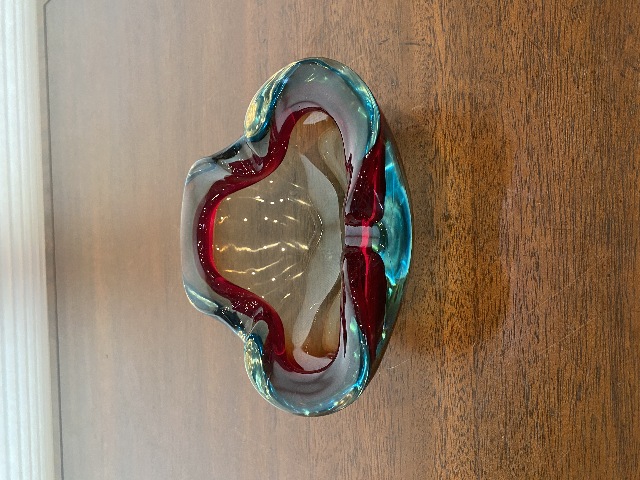 VTG MURANO Turquoise & Red Sommerso Art Glass Ashtray Bowl 6.5"L ITALY