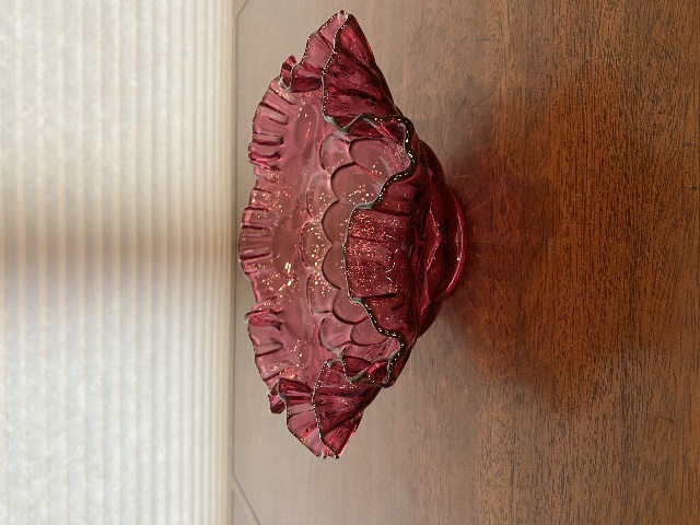 VTG FENTON Cranberry JACQUELINE Art Glass Ruffled Rim Bowl 8.75"W