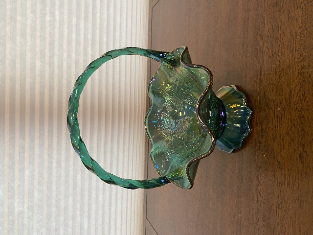 VTG FENTON Teal Iridescent Floral Pattern Art Glass Twisted Handle Basket 9.5"H