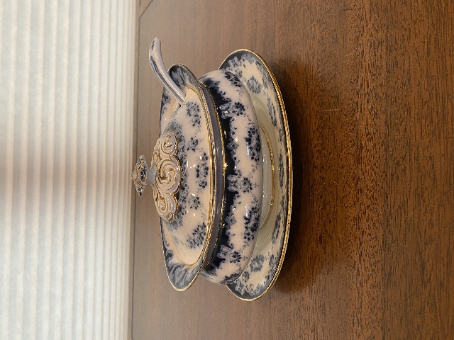 ANTIQUE ALBION POTTERY Blue/White Lidded Tureen W/Gold Accents & Underplate