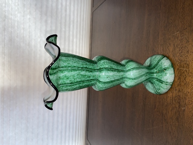 VTG FRANZ WELZ Czechoslovakian Green Striped Sparkle Cased Glass Vase 9.5"H