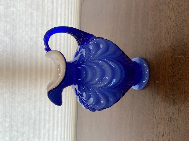 FENTON Cobalt Blue & White Overlay DRAPERY Art Glass Pitcher 7.25"H