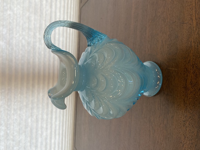 FENTON Light Blue On White Overlay DRAPERY Art Glass Pitcher W/LABEL 7.5"H
