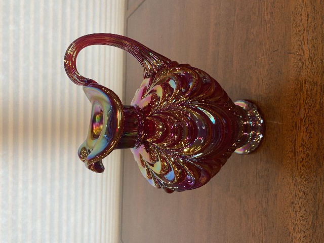 FENTON Red Iridescent DRAPERY Carnival Art Glass Pitcher 8"H