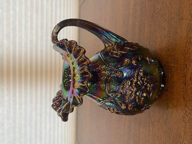 VTG FENTON Amethyst Iridescent Floral Pattern Carnival Art Glass Pitcher 7.25"H