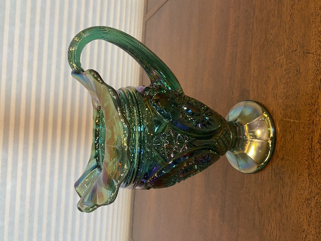 VTG FENTON Teal/Green Iridescent Hobstar Carnival Glass Footed Pitcher 9"H