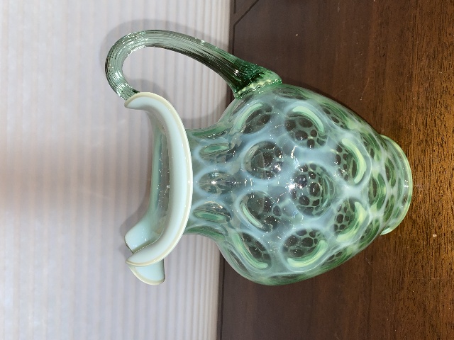 VTG FENTON Green Opalescent COIN DOT Ruffled Rim Pitcher 9"H