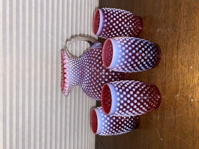 VTG FENTON Cranberry Opalescent Hobnail Glass Pitcher + 4 Tumblers SET(5)