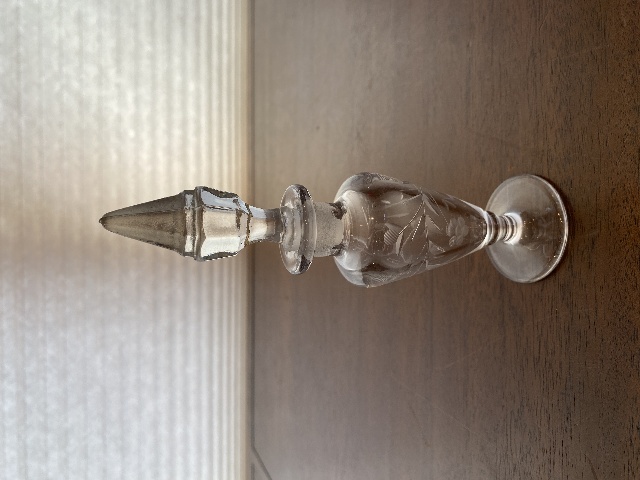 VTG Clear Floral Etched Glass Perfume Bottle W/Stopper 7"H