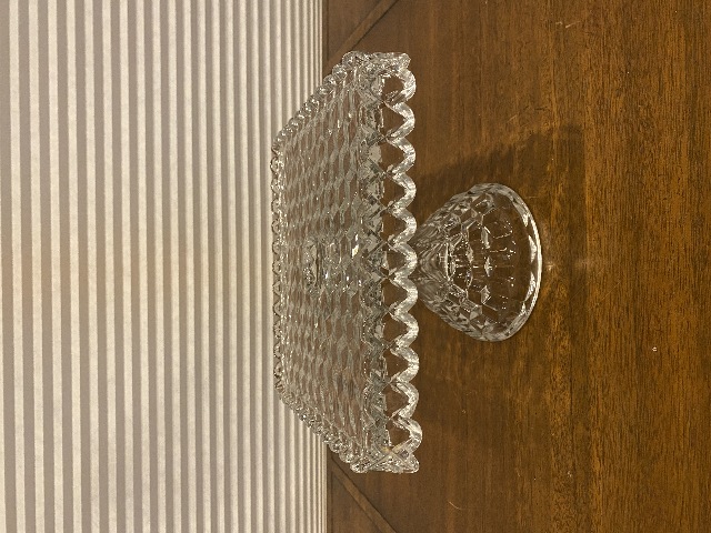 VTG AMERICAN FOSTORIA Cubist Square Glass Cake Plate W/Rum Well 10"W