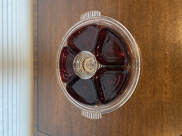 VTG 14" Anchor Hocking MANHATTAN Glass Relish Tray W/Ruby Red Relish Inserts