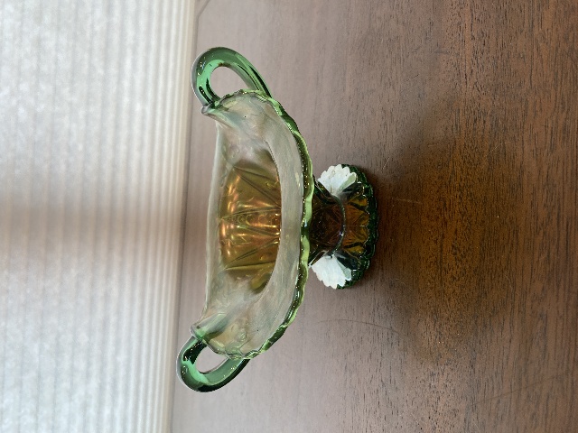 VTG Northwood Green/Amber PANELED HOLLY Carnival Glass Candy Dish 3.75"H