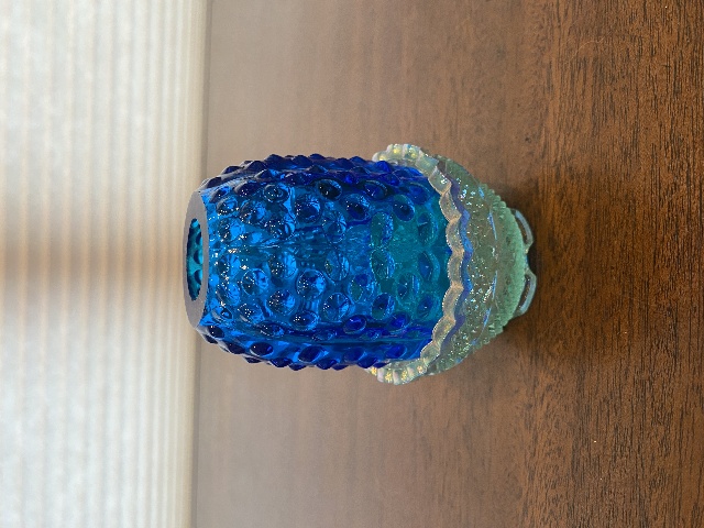 VTG FENTON Blue Top/Iridescent Base Glass Hobnail Fairy Lamp Candle Holder 4.25"