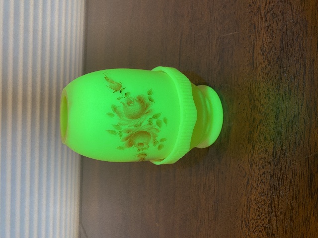 VTG UV REACTIVE Fenton Burmese Floral PAINTED/SIGNED Fairy Lamp 4.75"H