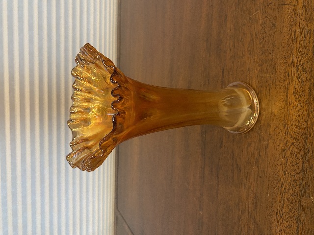 VTG Marigold Iridescent Glass Ruffled Rim Swung Vase 7.75"H