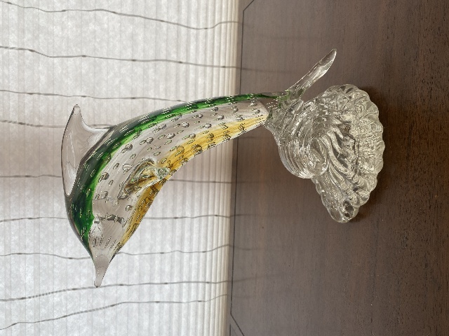 MURANO Green& Amber Large Glass Dolphin Sculpture W/Controlled Bubbles 11.75"H