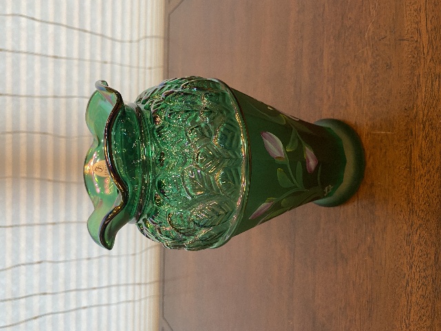 VTG FENTON Emerald Green Iridescent HAND PAINTED Floral Glass Vase 8.25"H SIGNED